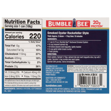 Bumble Bee Canned Smoked Oysters, 3.75 oz Cans, Pack of 12, Gluten Free, 18g Protein per Serving