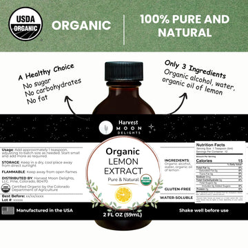 Organic Lemon Extract For Baking, Ice Cream, Drinks, And Candy - 2 Oz - Water-Soluble - By Harvest Moon Delights - Pure Lemon Fl