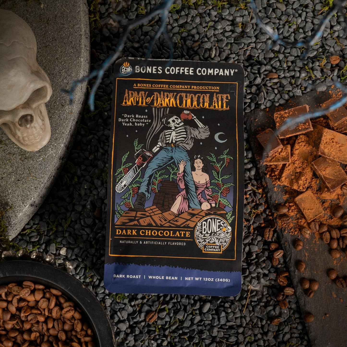 Bones Coffee Company Army Of Dark Chocolate Flavored Whole Coffee Beans | 12 Oz Dark Roast Arabica Low Acid Coffee | Gourmet Coffee Gifts & Beverages (Whole Bean)