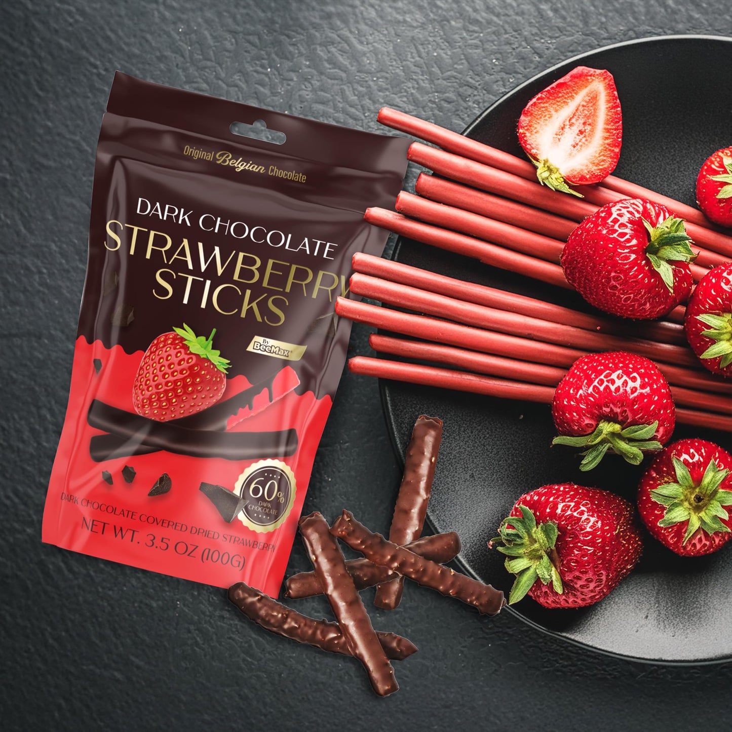 BEEMAX Belgian Chocolate Covered Fruit Sticks - Gourmet Dried Fruit Treat, 3.5 oz Pouch, Dark Chocolate, Non-GMO