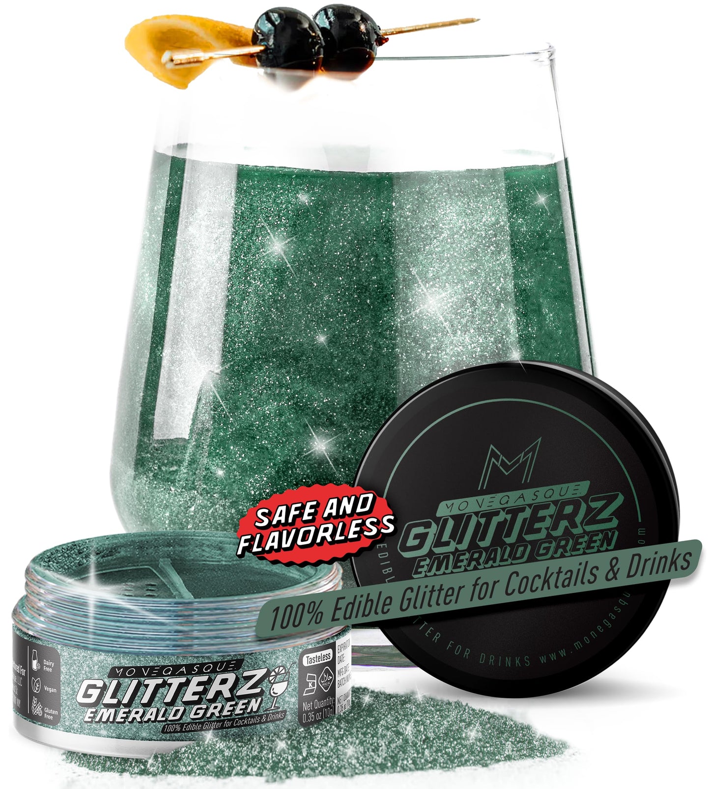 MONÉGASQUE Edible Glitter for Cocktails, 10g, Emerald Green, Ideal for Drinks and Cakes