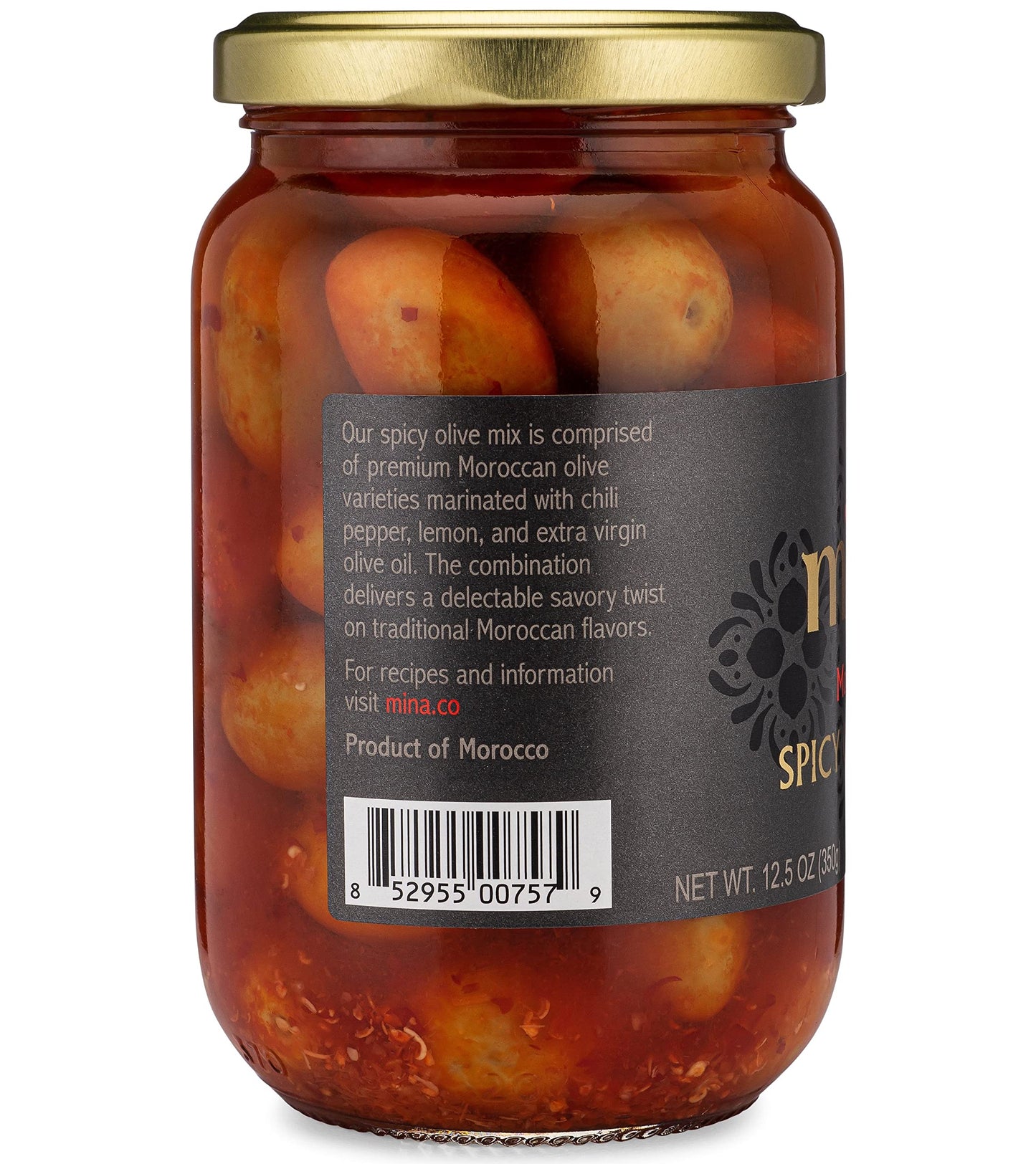 Mina Spicy Olive Mix, 12.5 Oz (Pack Of 6) - Premium Handpicked Moroccan Olives With Red Chili Pepper Harissa, Keto Friendly Spic