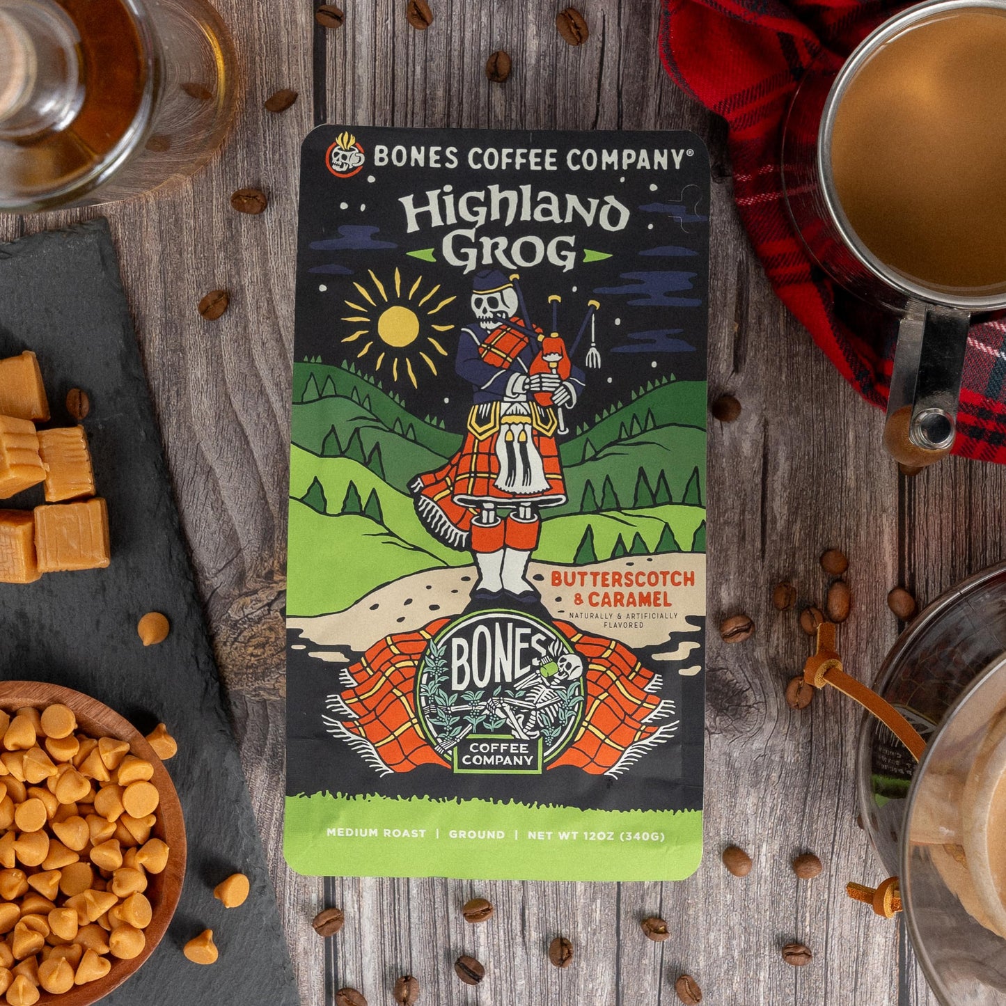 Bones Coffee Company Highland Grog Flavored Coffee Beans & Ground Coffee Butterscotch Caramel Flavor | 12 Oz Medium Roast Arabica Low Acid Coffee | Gourmet Coffee (Ground)