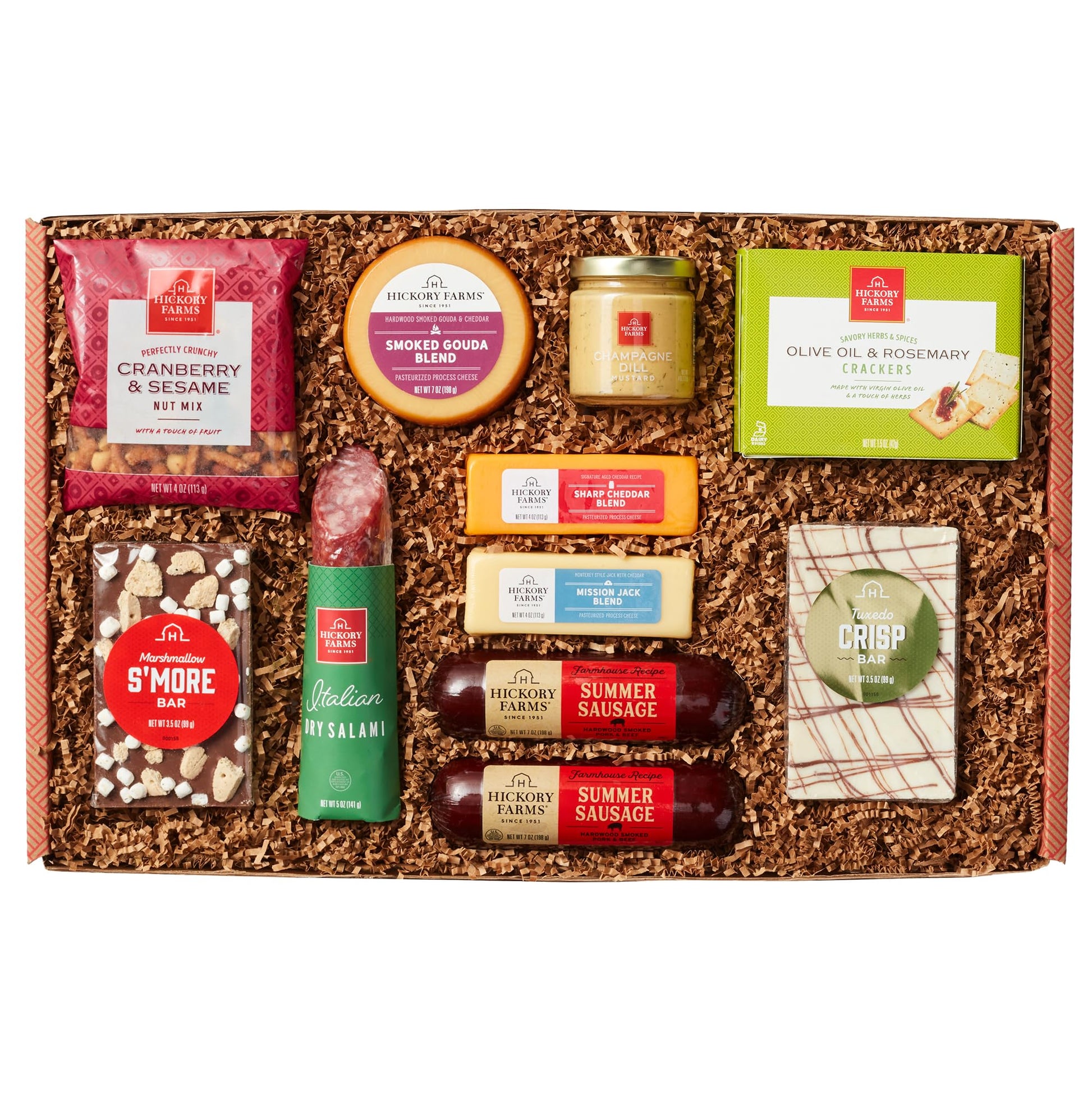 Hickory Farms Farmhouse Summer Sauage and Italian Dry Salami Charcuterie Meat, Cheese, Cracker, and Chocolate Food Gift Basket (