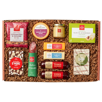 Hickory Farms Farmhouse Summer Sauage and Italian Dry Salami Charcuterie Meat, Cheese, Cracker, and Chocolate Food Gift Basket (