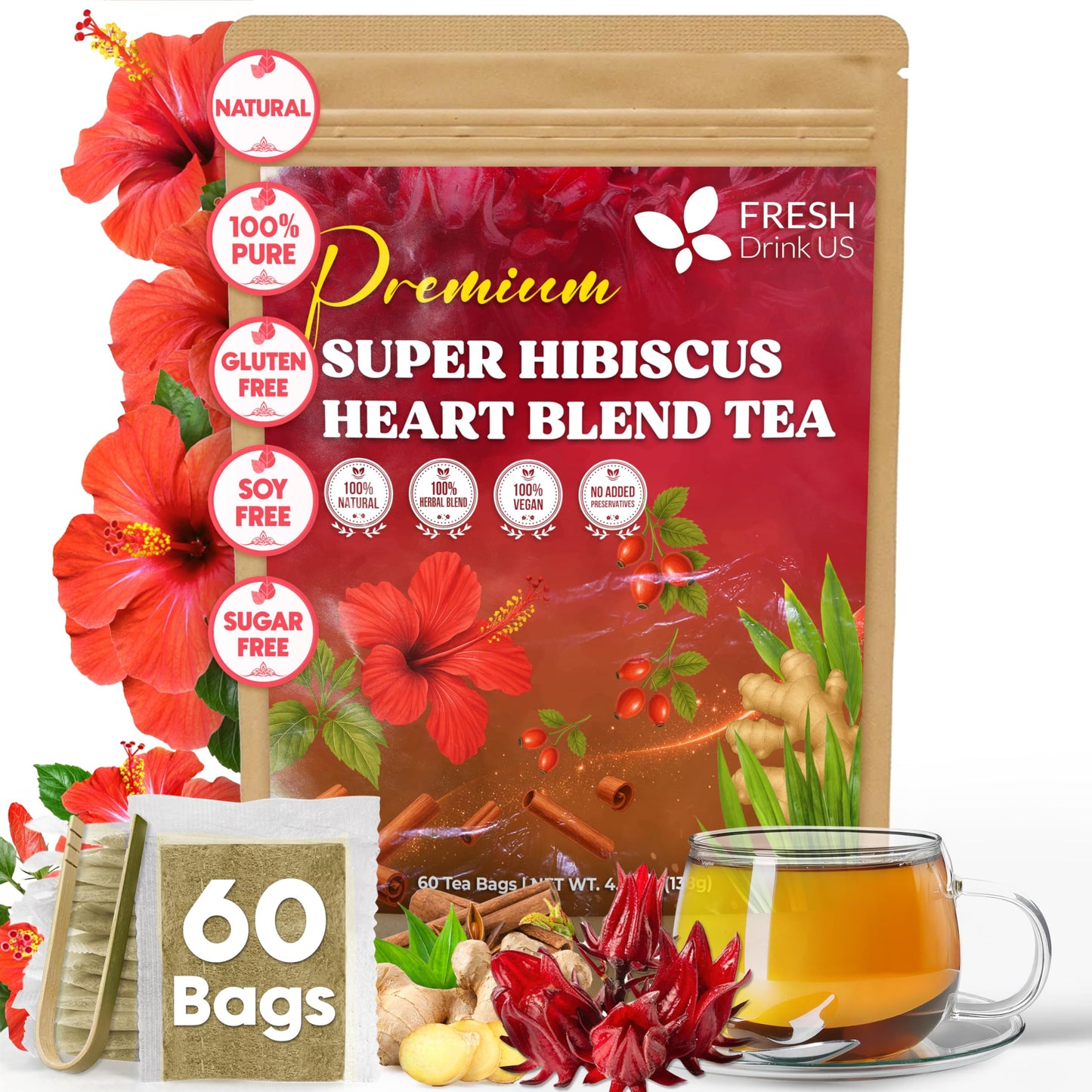 Freshdrinkus 60 Tea Bags Super Hibiscus Heart Blend- Herbal Tea With Hibiscus Flower Flavor Blendger Cinnamon Stick Lemongrass & Rose Hip - Naturally Energy Blend-Free Sugar-Free Vegan