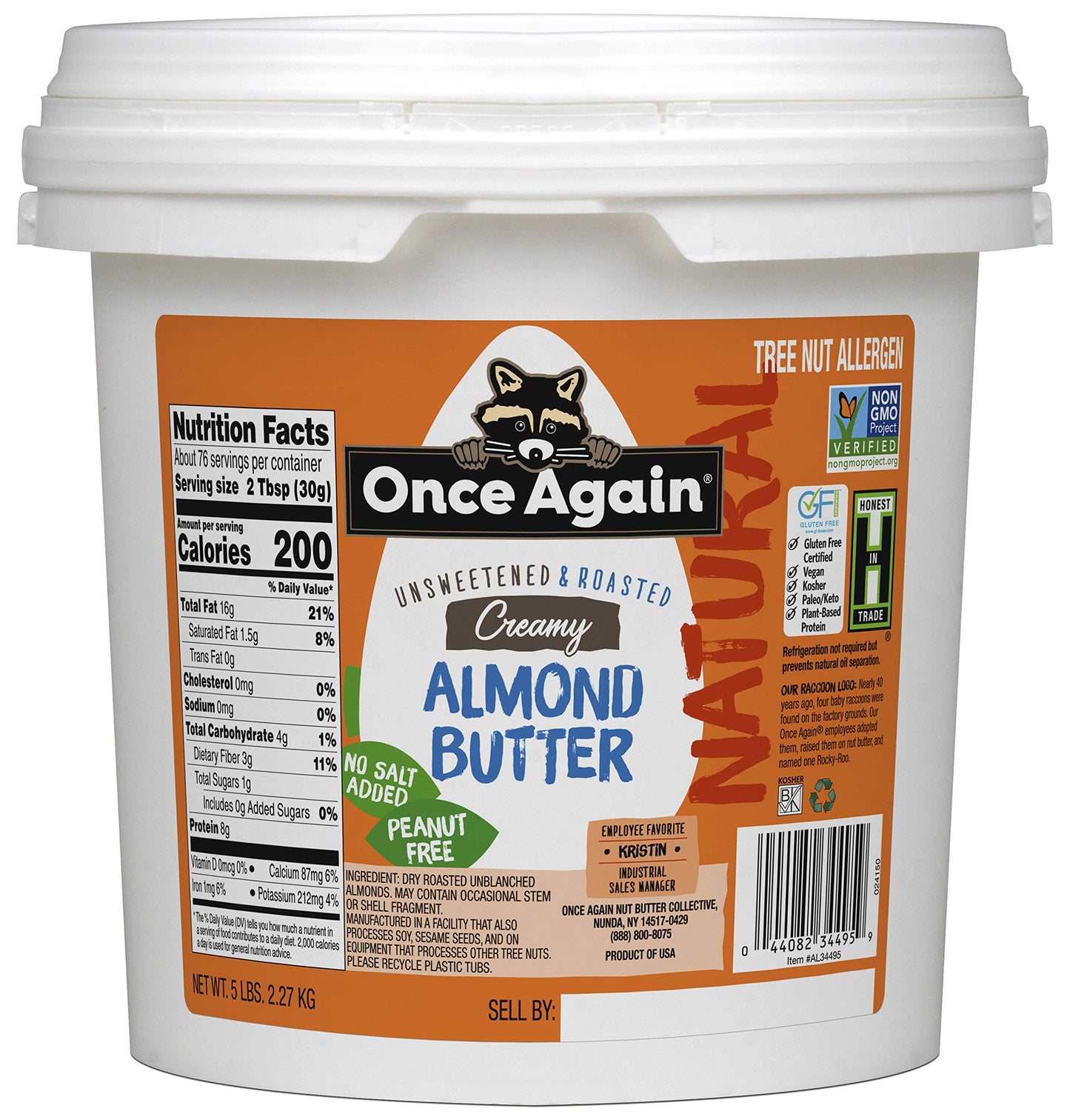 Once Again Natural Creamy Almond Butter, 5lb Pantry Pal (same as 5 jars) - Roasted - Salt Free, Unsweetened - Gluten Free Certif