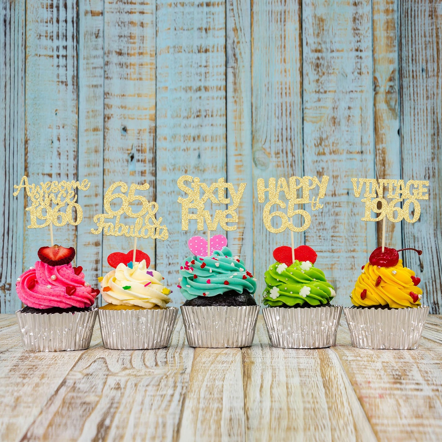 Gyufise 30Pcs Gold Glitter 65Th Birthday Cupcake Toppers Vintage 1958 Hello 65 Cake Topper Sixty Five 65 & Fabulous Cupcake Pick