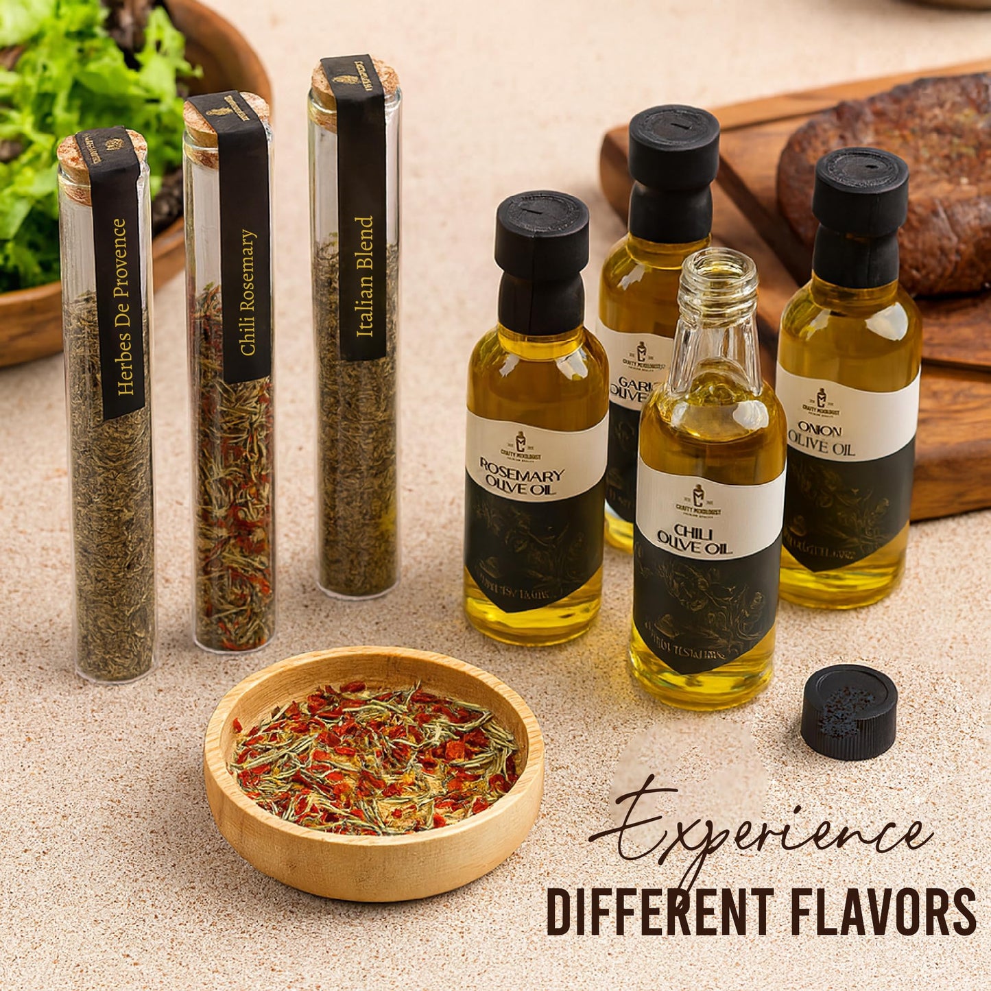 Infused Olive Oil Gift Set – Variety Pack - 4 Flavored Olive Oil Extra Virgin, 3 Spice Flavorful Infusion Blends, Bread Dipping Bowl & Recipe Booklet - Set Of 8 – Gourmet Cooking Gifts For Women