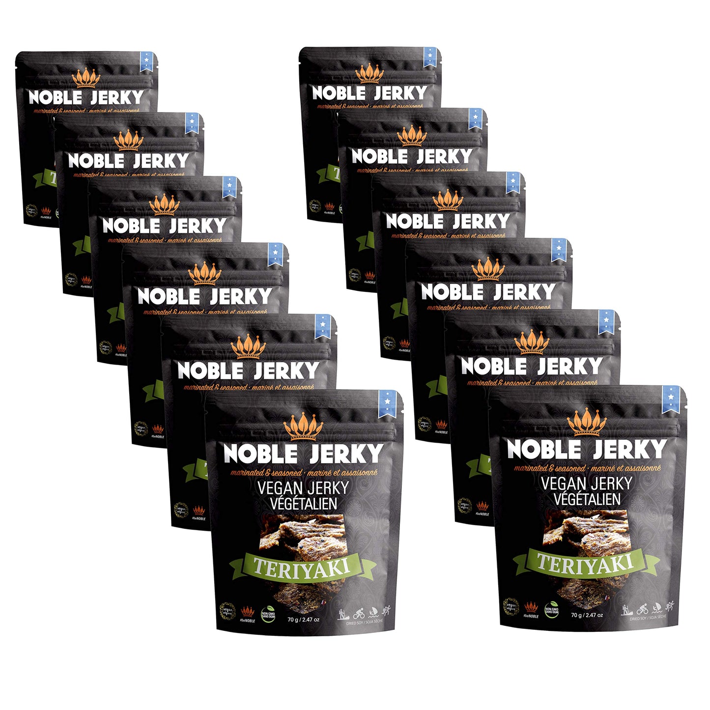 Noble Jerky - Vegan Jerky, Plant-Based High Protein Snack, Vegetarian, Non-GMO, BBQ Flavor, 12 Pack (70g Bags), 14g Protein Per