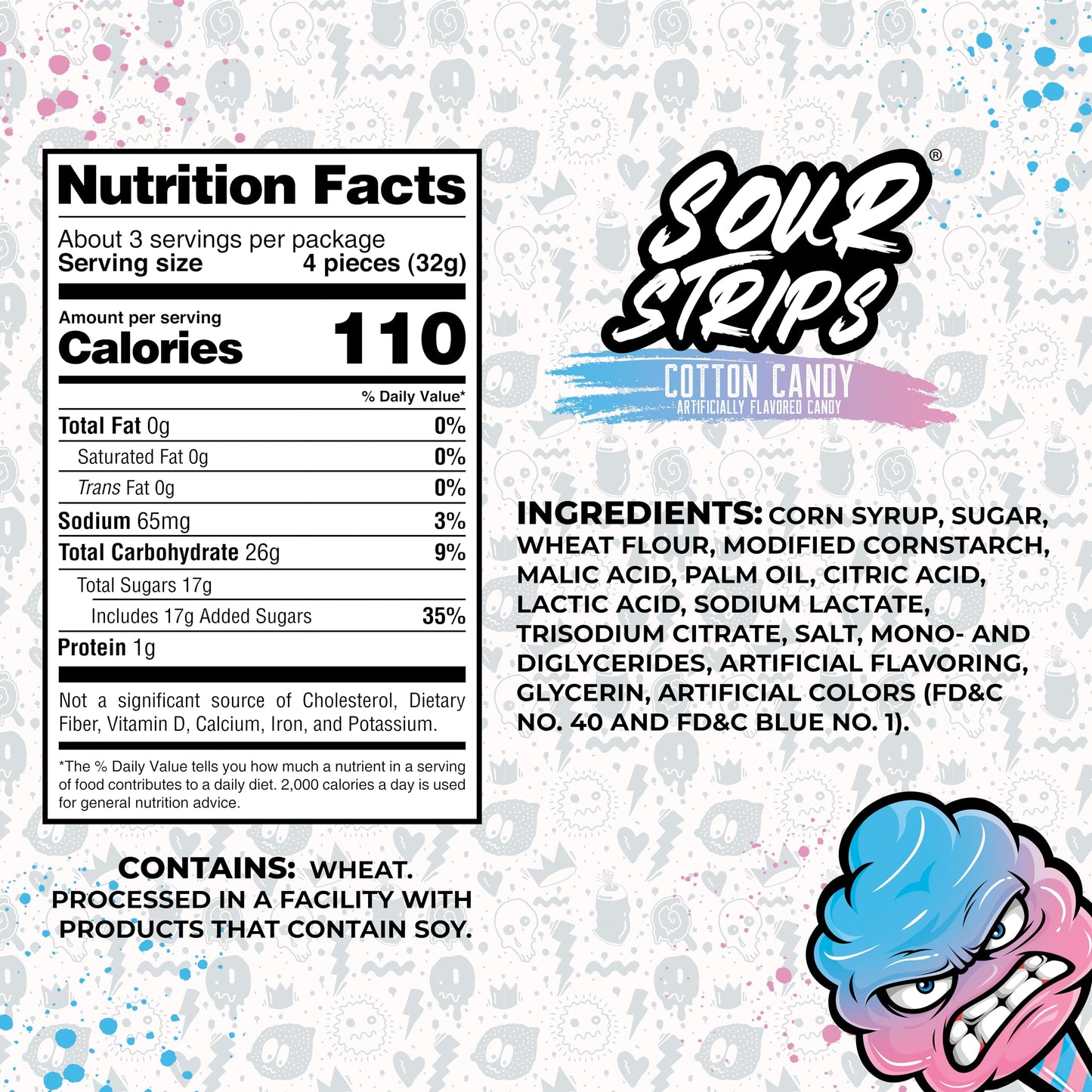 Sour Strips Flavored Sour Candy Strips, Deliciously Sour Chewy Candy Belts, Vegetarian Candies, 3 Pack (Cotton Candy (3-Pack))