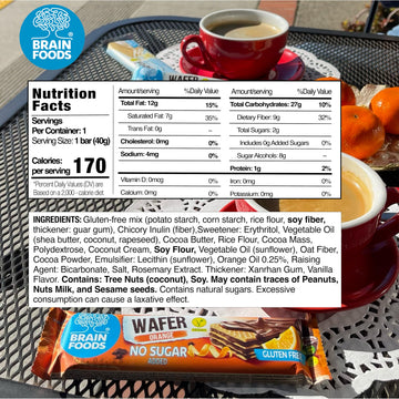 BRAIN FOODS Gluten Free Vegan Chocolate Coated Orange Wafers - 12 Bars, No Sugar Added, High Fiber, No Palm Oil, 1.4 oz, 170 Cal