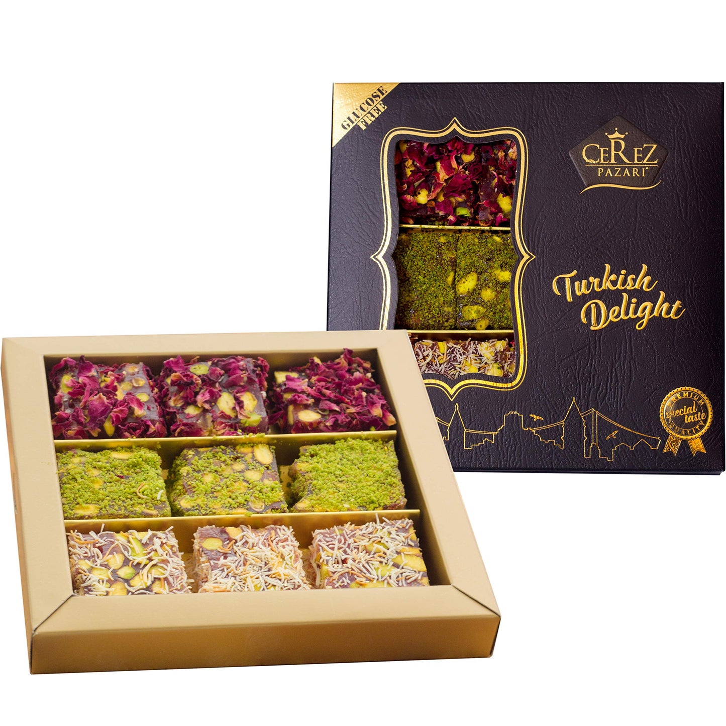 Cerez Pazari Turkish Delight Pistachio With Fantastic Rose & Pomegranate Flavour Experience In Luxury Gift Box 8.8 Oz | Assorted