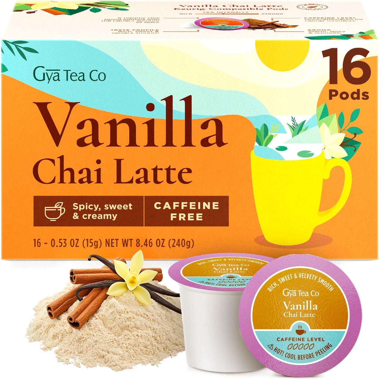 Gya Tea Co Vanilla Chai Latte Tea Gift Set (16 Count) - Decaf Tea Pod For Lovers Get Well Gifts - Manually Harvested - Enjoy Hot Or Iced