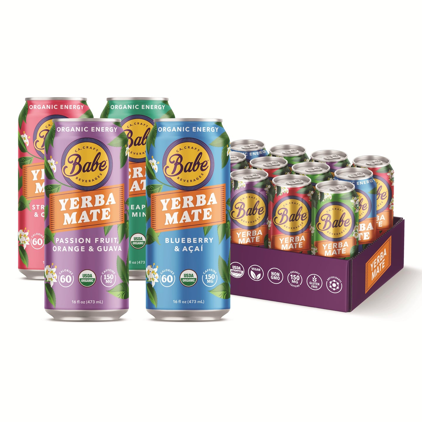 Babe Beverages Organic Yerba Mate Energy Drinks, 150mg Caffeine, Variety Pack (12 x 16oz Cans)