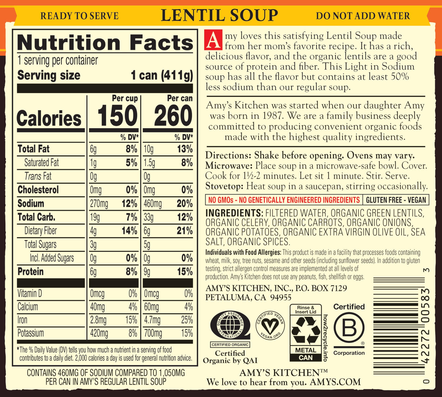 Amys Soup Vegan Lentil Soup Light in Sodium Gluten Free Made With Organic Green Lentils and Vegetables Canned Soup 14.5 Oz