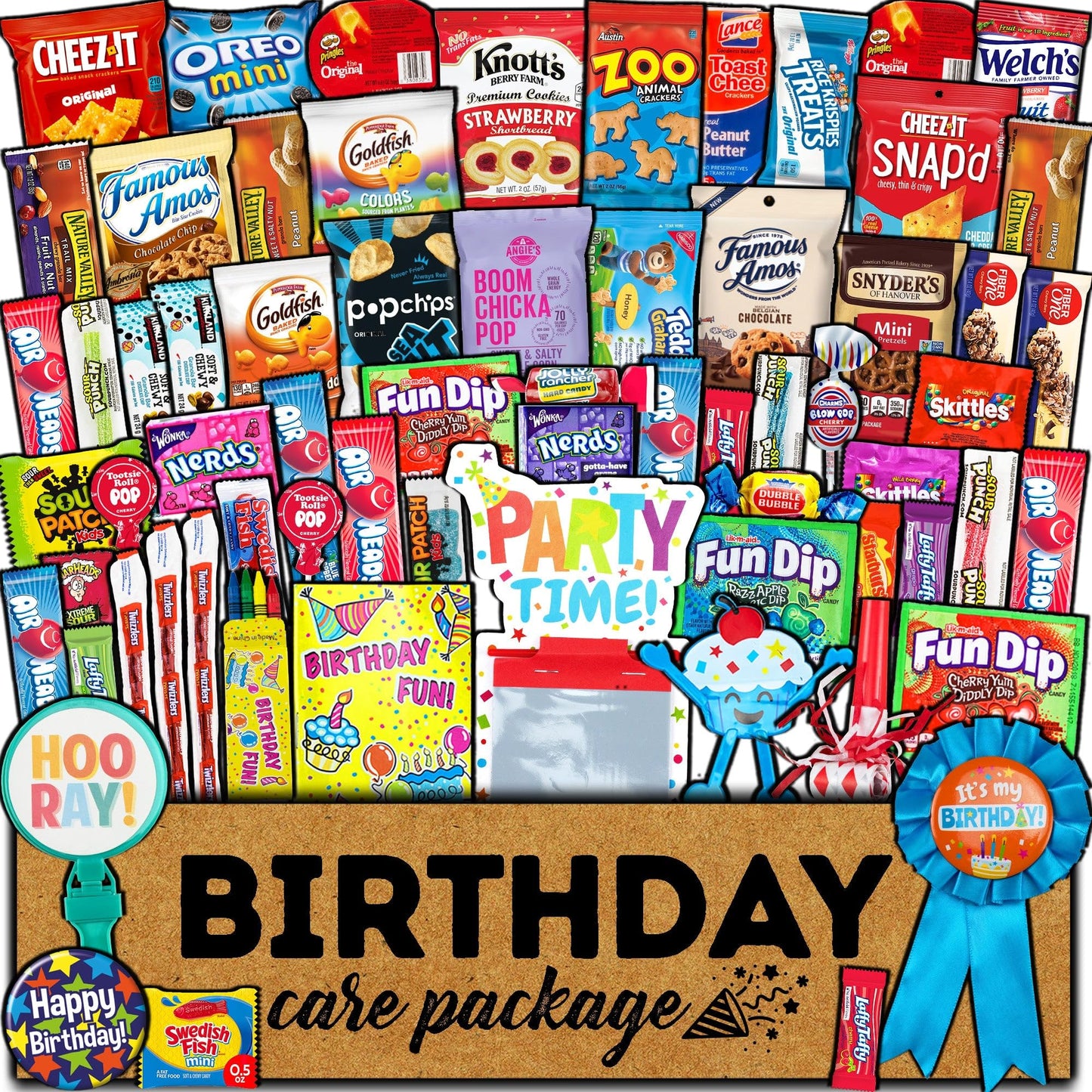 Birthday Party Care Package (65 Pack) Snacks Cookies Chocolate Bar Chips Candy Party Variety Gift Box Assortment Basket Bundle M
