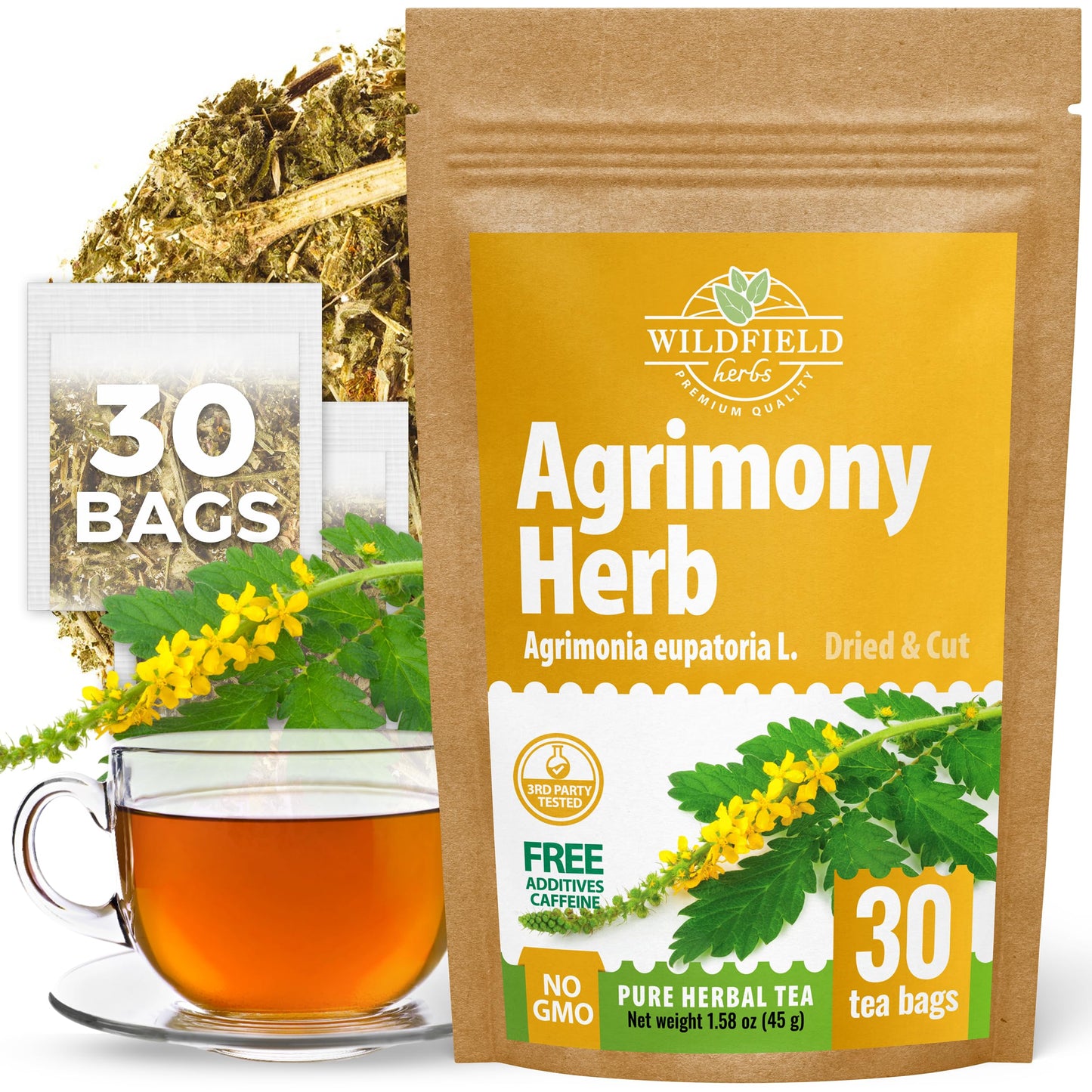 30 Bags Agrimony Herb Dried Cut Agrimony Flower Tea (Agrimonia Eupatoria L.) - 30 Count 2G Tea Bags Agrimonia Flor De Hierba De San Guillermo
