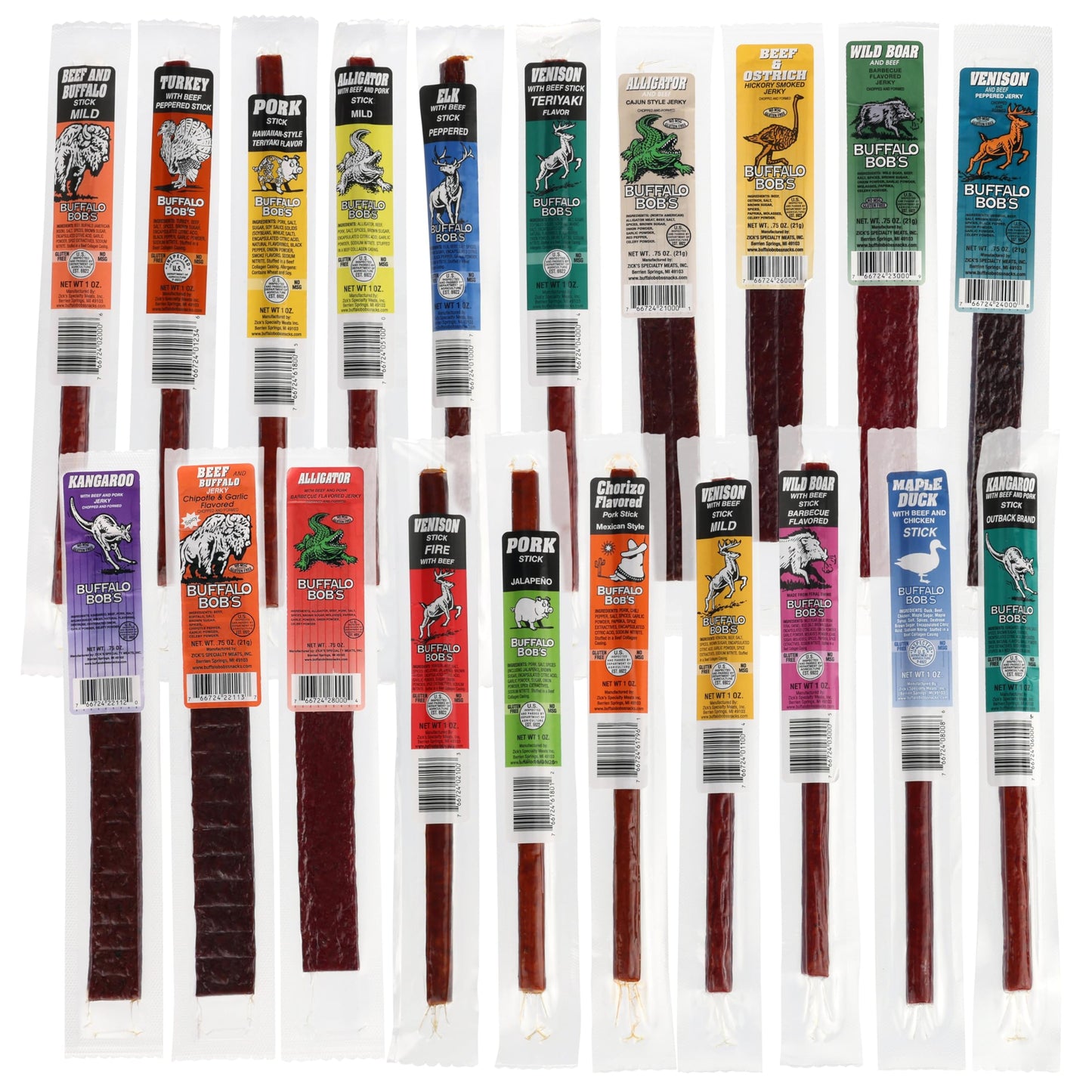 Buffalo Bobs Exotic Jerky Gift Box - Staff Favorite 20 Piece Assortment: Alligator, Buffalo, Venison, Beef, Ostrich, Duck, Elk - Bbq, Cajun, Peppered, Teriyaki