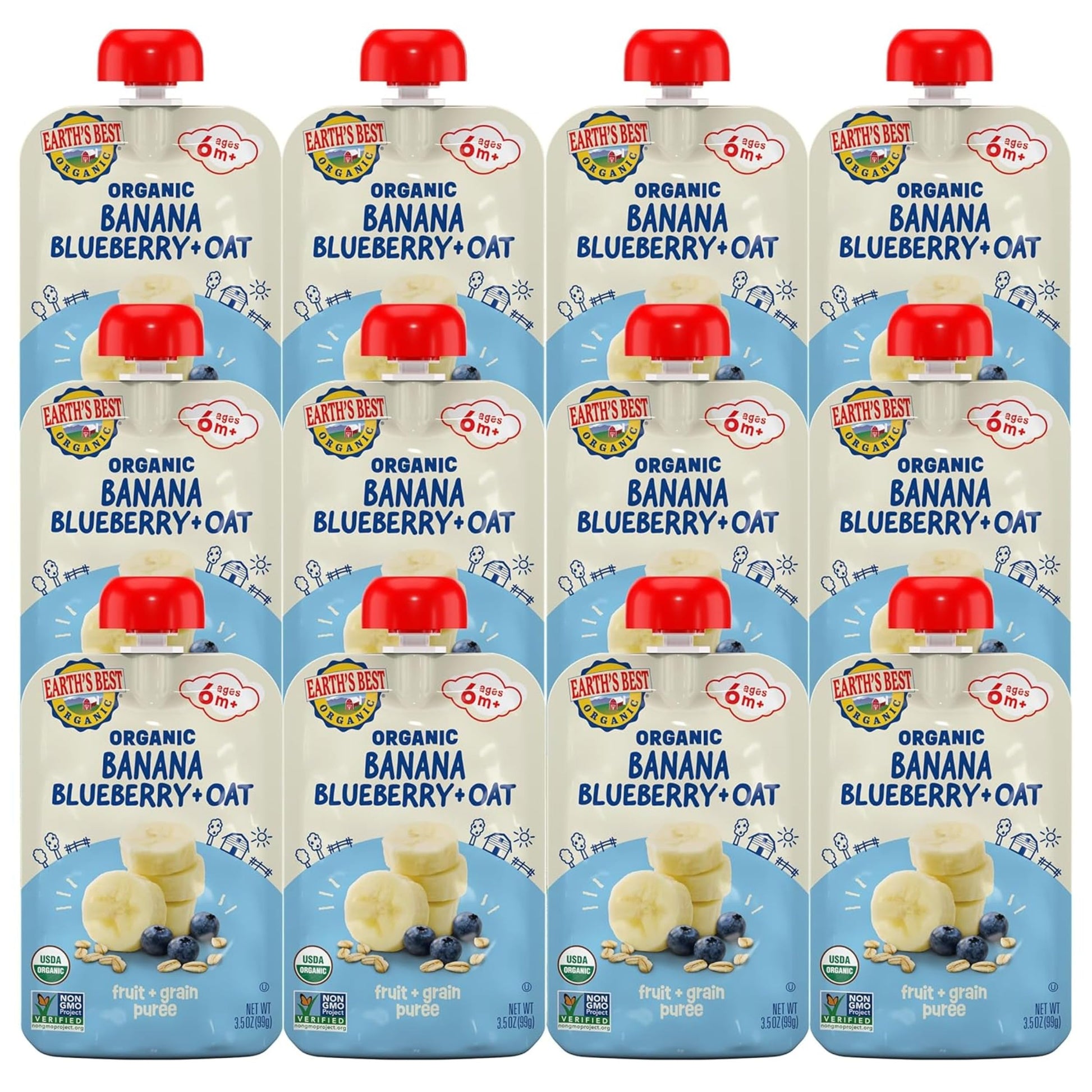 Earths Best Organic Baby Food Pouches, Wholesome Breakfast Puree for Babies 6 Months and Older, Organic Banana Blueberry and Oa