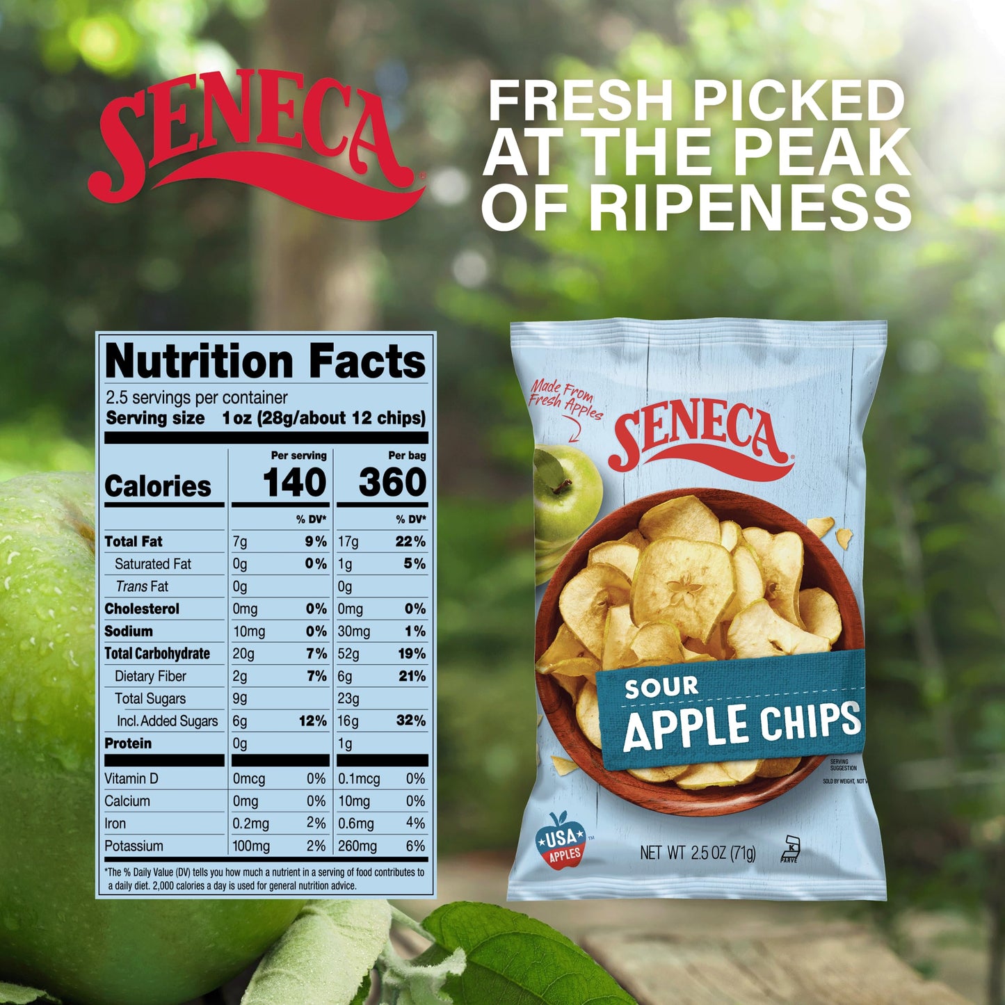 Seneca Sour Apple Chips | Made From Fresh Apples | 100% Granny Smith Apples | Yakima Valley Orchards Of Washington | Crisped Apple Perfection | Foil-Freshness Bag | 2.5 Ounce (Pack Of 12)