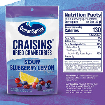 Ocean Spray Craisins Sweetened Dried Cranberries, Sour Blueberry Lemon, 6oz Pouch
