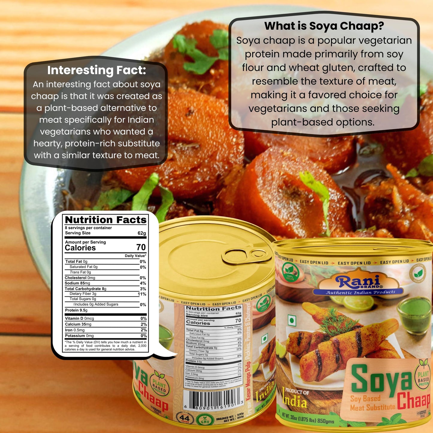 Rani Soya Chaap (Plant Based Protein) 30Oz (1.875Lbs) 850G, Pack Of 6 ~ Easy Open Lid | All Natural | Vegan | No Colors | Non-Gm