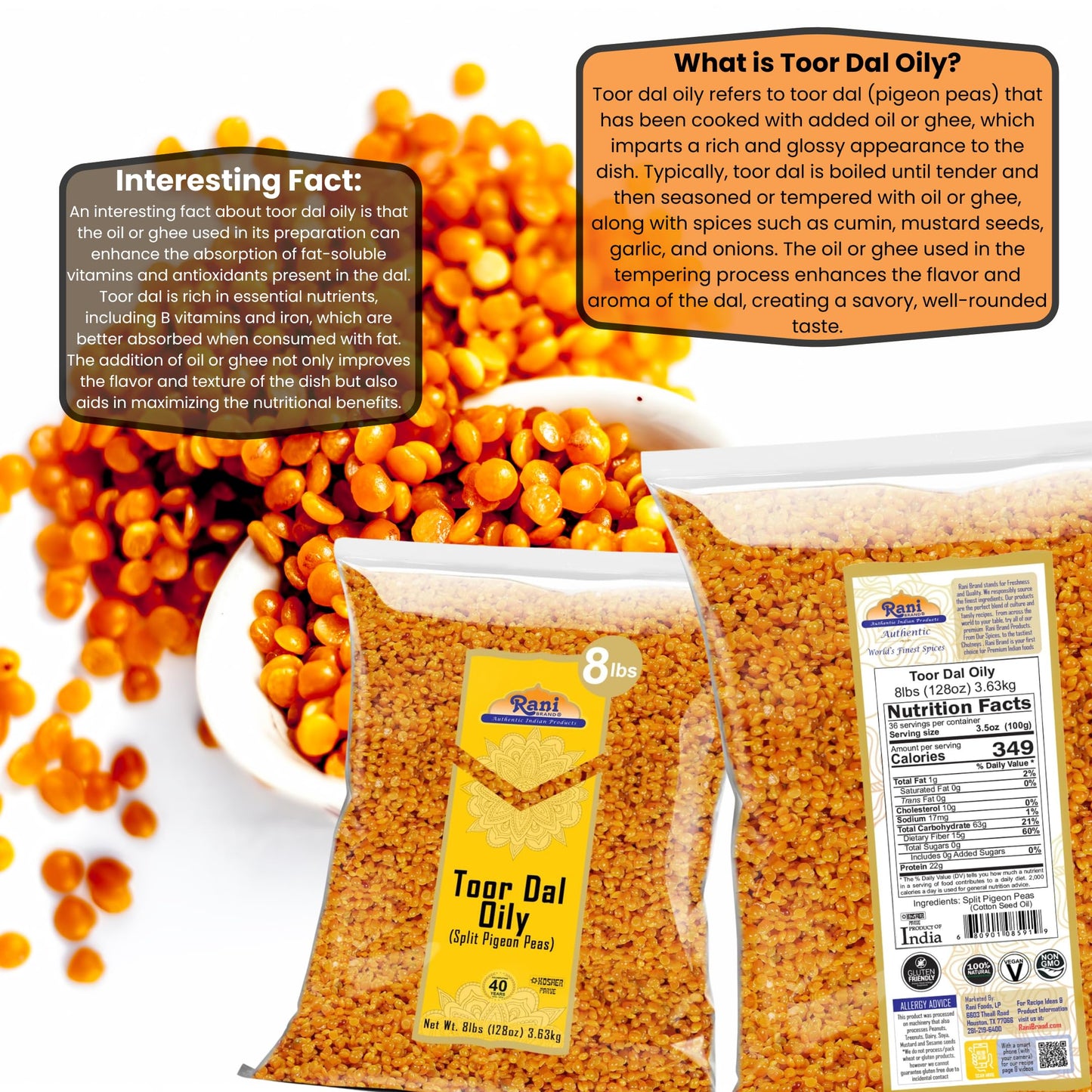 Rani Toor Dal (Split Pigeon Peas) Oily, 128oz (8lbs) 3.63kg Bulk ~ All Natural | Gluten Friendly | NON-GMO | Vegan | Indian Orig