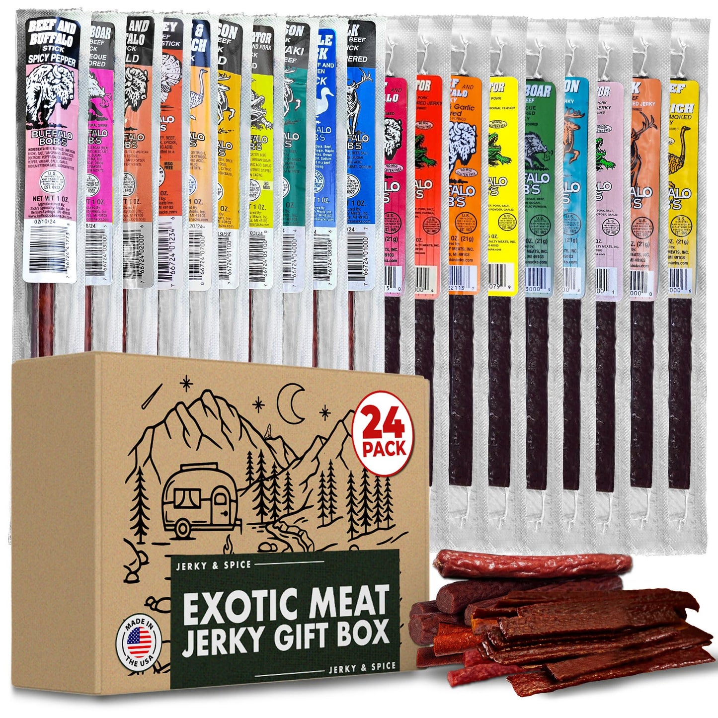 Buffalo Bob'S Wild Game Meat Snacks (24 Pack), Ultimate Exotic Jerky Gift Box For Men, Beef Jerky Variety Pack Gift, Multiple Wi