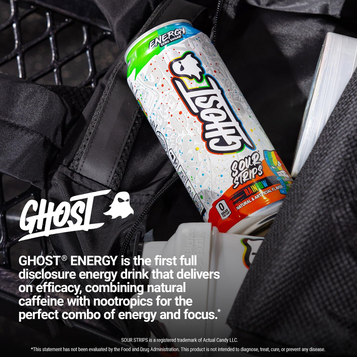 GHOST Energy Drink - 12-Pack Sour Strips Rainbow 16oz Cans - Energy & Focus & No Artificial Colors - 200mg of Natural Caffeine L-Carnitine & Taurine - Gluten-Free & Vegan