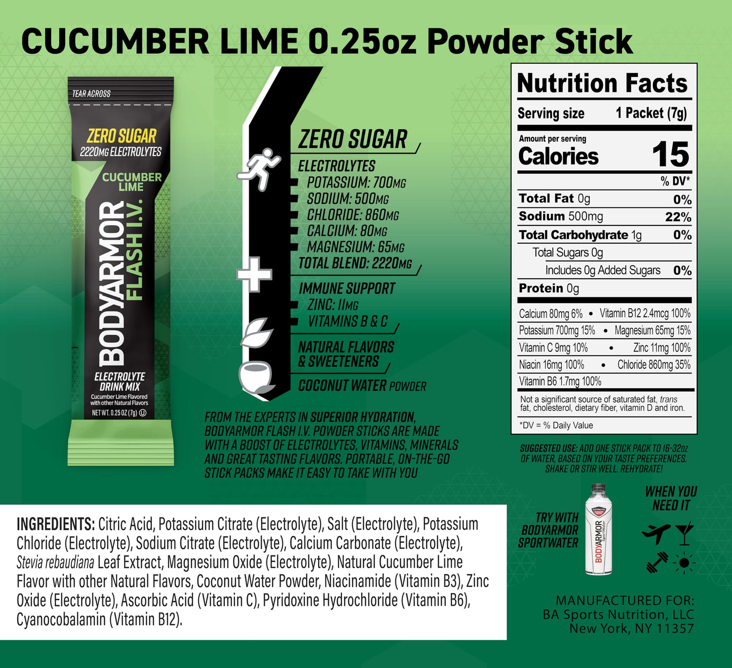 Bodyarmor Flash Iv Electrolyte Packets, Cucumber Lime - Zero Sugar Drink Mix, Single Serve Packs, Coconut Water Powder (6 Count)