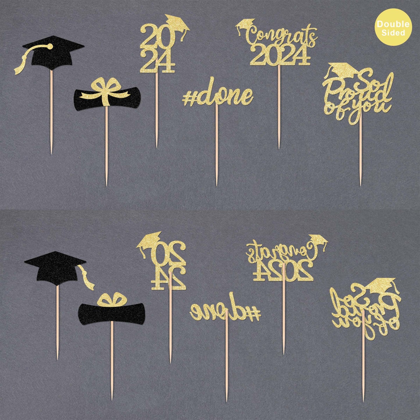 Gexolenu 36 Pcs Class Of 2024 Graduation Cupcake Toppers, Gold Glitter Double-Sided Grad Cap Cake Toppers For Graduation Party S