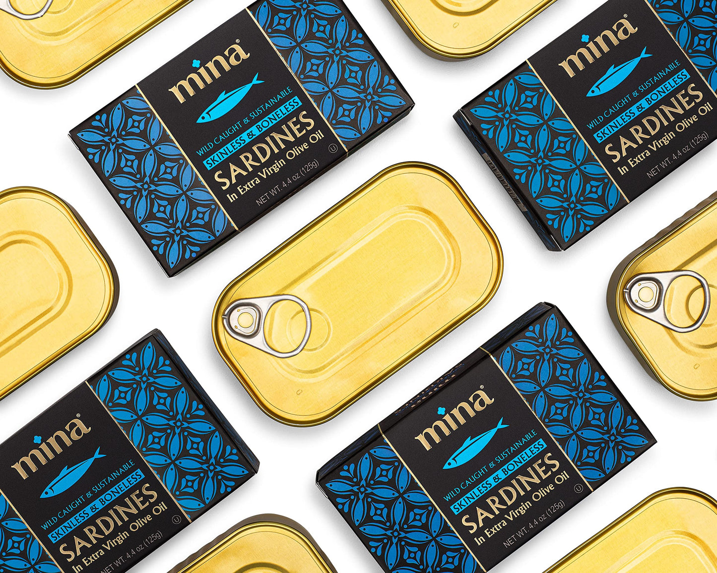 Mina Sardines, Skinless & Boneless Sardines In Extra Virgin Olive Oil, 4.4 Ounce Wild Caught Sardines, Packed By Hand, Low Sodium, High In Protein, Keto, Paleo, Sardines In Olive Oil (Pack Of 12)