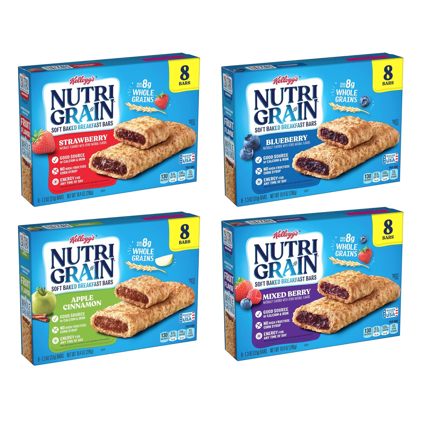 Nutri-Grain Soft Baked Breakfast Bars, Kids Snacks, Whole Grain, Variety Pack (4 Boxes, 32 Bars)