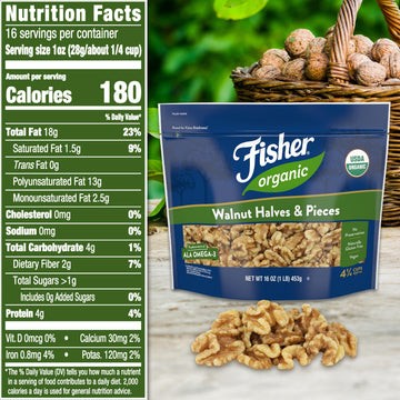Fisher Organic Walnut Halves & Pieces 16 oz USDA Certified Organic Nuts Unsalted California Grown Non-GMO No Preservatives Walnuts for Baking & Cooking Healthy Snacks for mature-themeds Resealable Bag