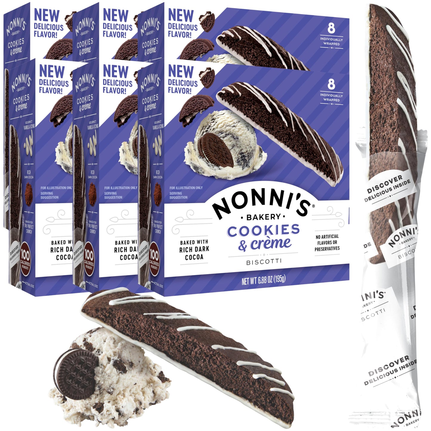 Nonnis Cookies & Crme Biscotti, Rich Dark Cocoa Cookie with Vanilla Icing, 8 Individually Wrapped Bakery Snacks, 6.88 oz, 6 Pac