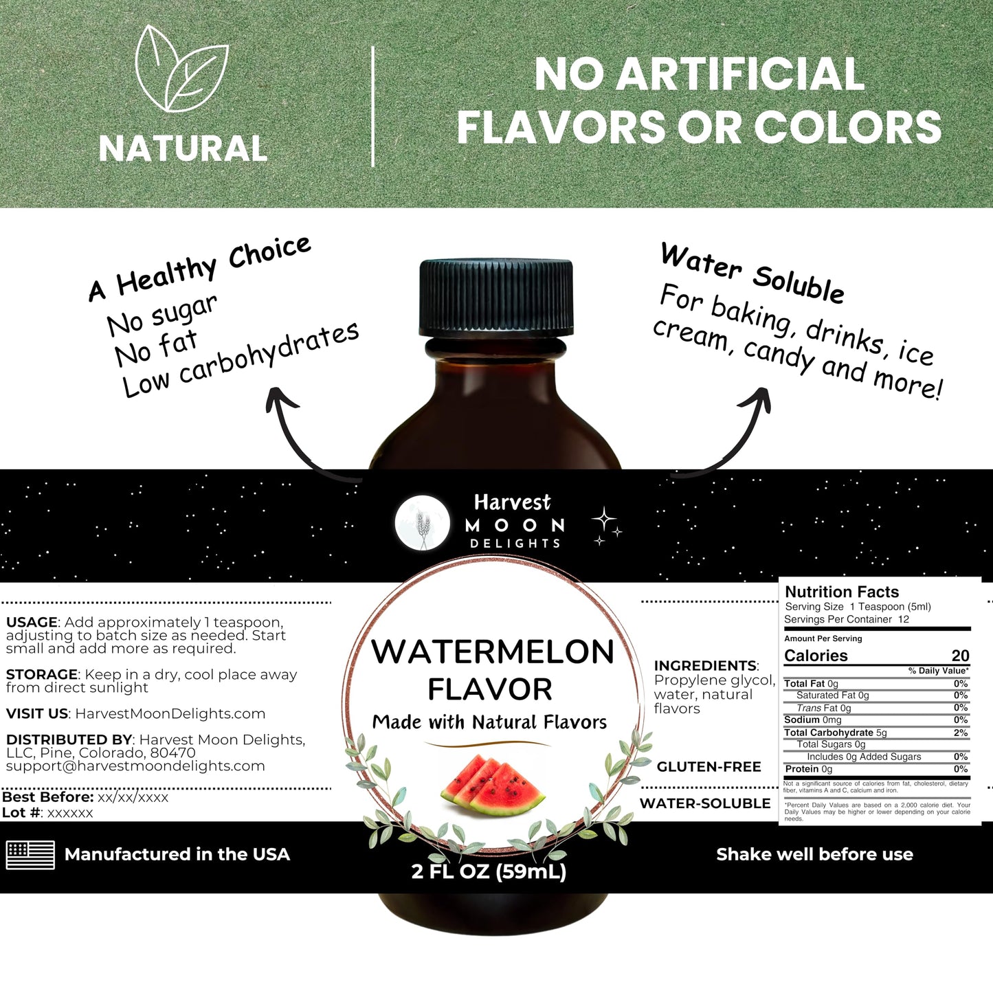 Natural Watermelon Extract - 2 Oz - Water-Soluble - By Harvest Moon Delights - Watermelon Flavoring For Baking, Ice Cream, Drink