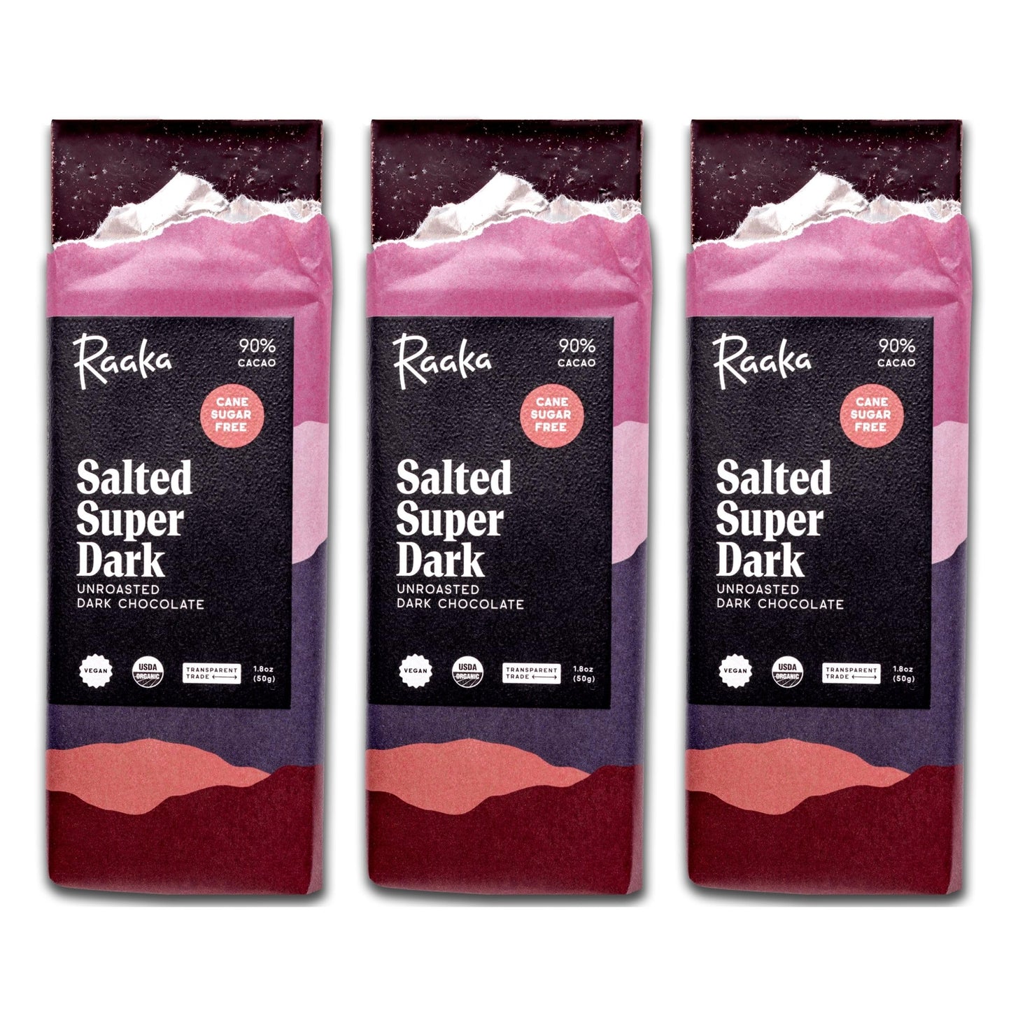Raaka Salted Super Dark Chocolate Bars - 90% Cacao Organic Vegan Kosher Gluten Free Cane Sugar Free - Lightly Sweetened With Coconut Sugar - 1.8Oz Bars 3-Pack