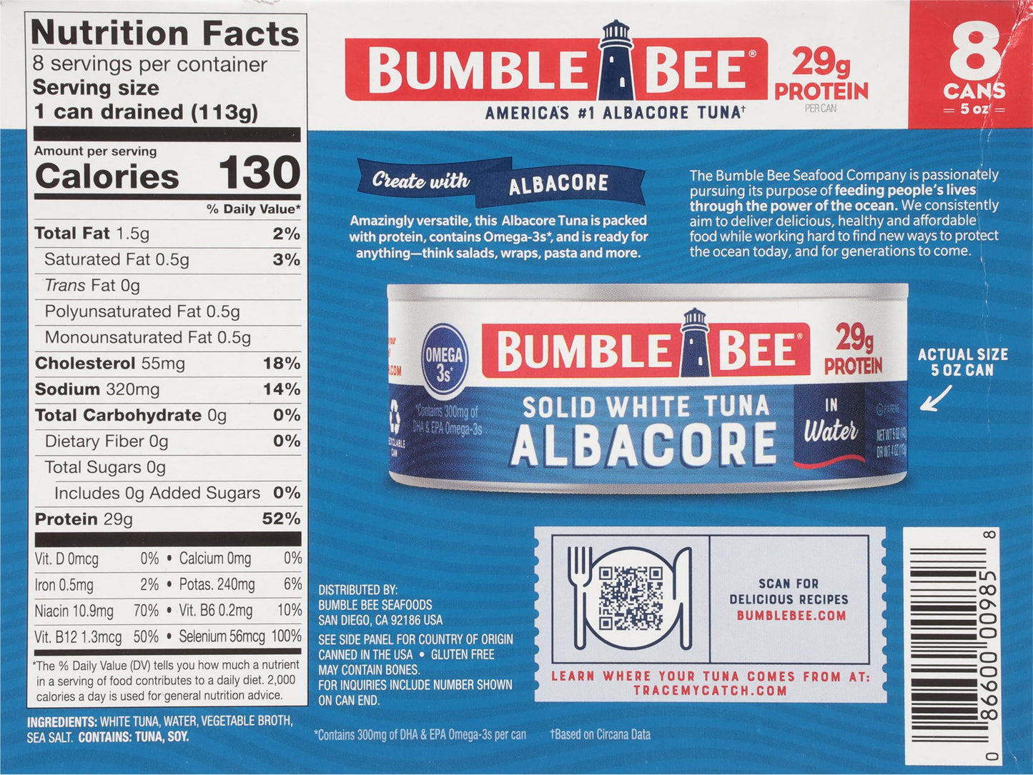 Bumble Bee Solid White Albacore Tuna In Water 5 Oz Can (Pack Of 8) - Wild Caught Tuna - 29G Protein Per Serving - Non-Gmo Project Verified Gluten Free Kosher - Great For Tuna Salad & Recipes