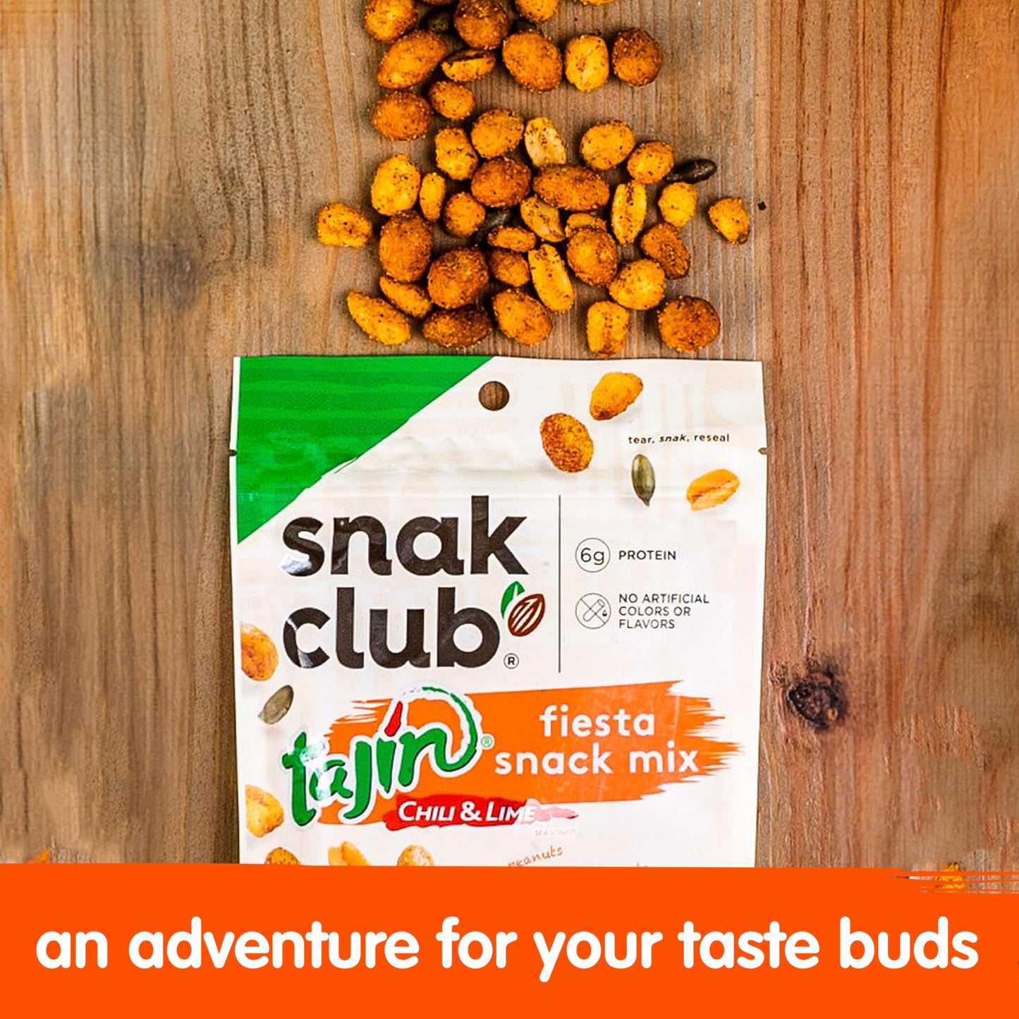 Snak Club Tajin Fiesta Snack Mix, Peanuts, Crunchy Peanuts, Toasted Corn, And Pepitas With Chili And Lime Seasoning, Mild, No Ar
