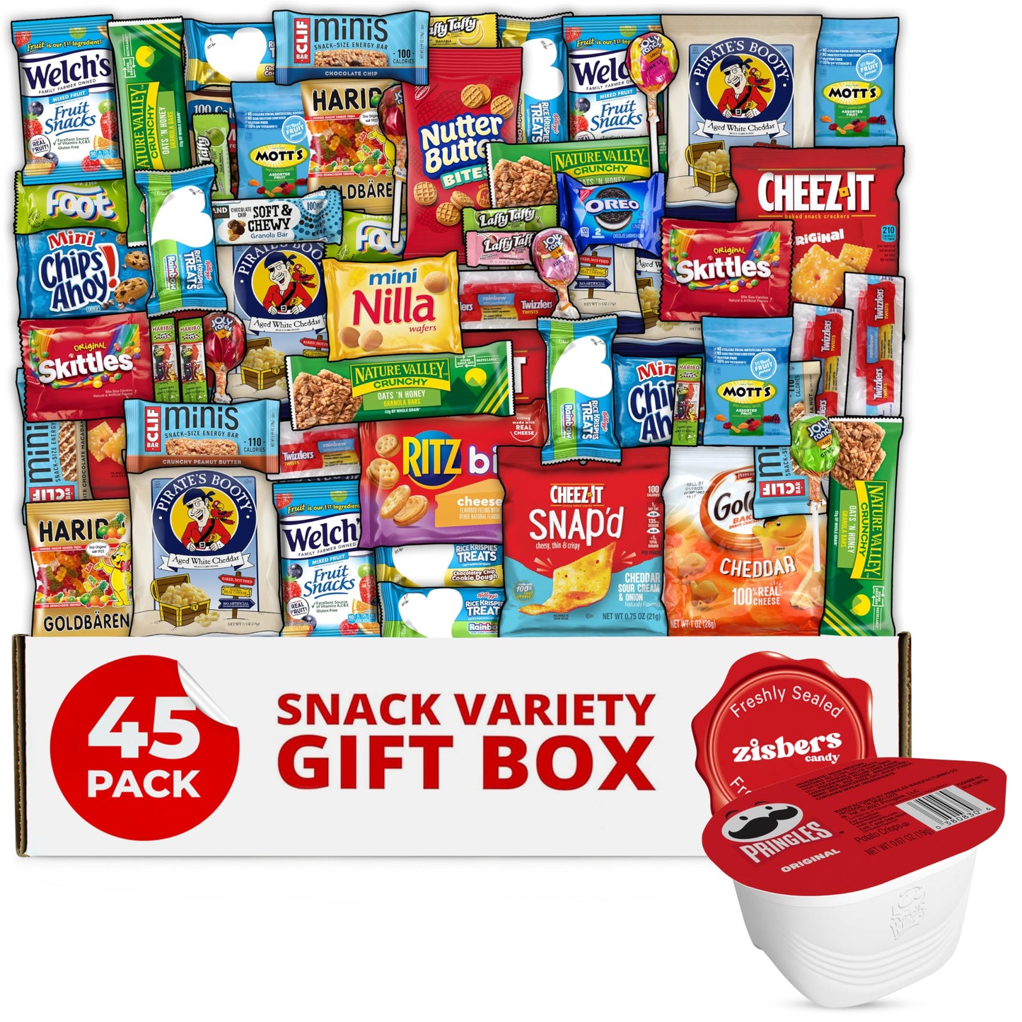 Zisbers Snack Box Care Package - Large Variety Snacks, Candy & Treats for College, Adults & Kids - 45 Pack