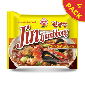 Ottogi Jin Jjamppong, Korean Style Spicy Seafood Ramen Instant Noodle, 4 Pack X 4.58Oz
