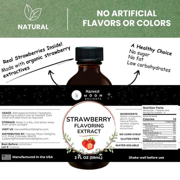Natural Strawberry Extract - 2 Oz - Water-Soluble - By Harvest Moon Delights - Strawberry Extract For Baking, Drinks, Ice Cream