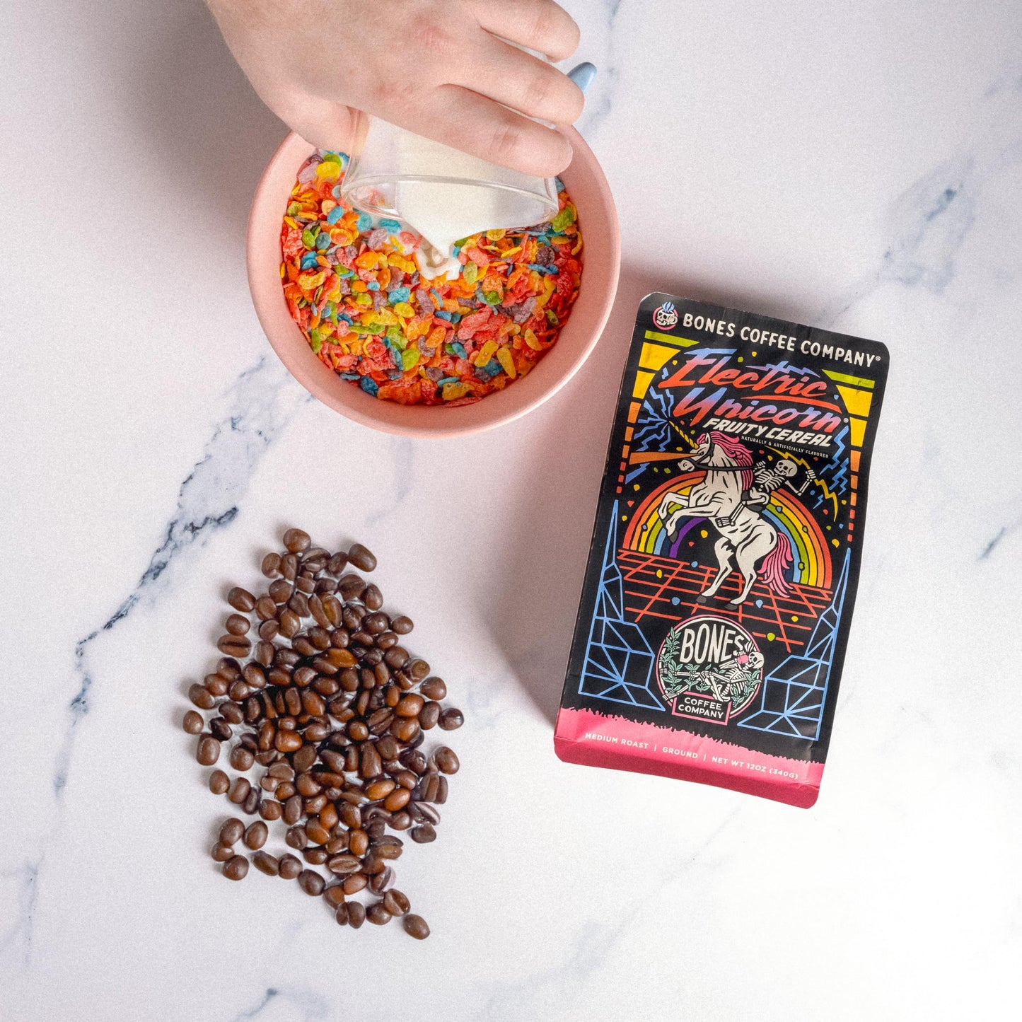 Bones Coffee Company Electric Unicorn Flavored Whole Coffee Beans Fruity Cereal With Milk Flavor | 12 Oz Medium Roast Low Acid Coffee | Coffee Gifts & Beverages (Whole Bean)