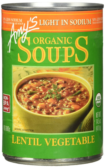 Amys Soup Vegan Light in Sodium Lentil Vegetable Soup Gluten Free Made With Organic Vegetables Canned Soup 14.5 Oz