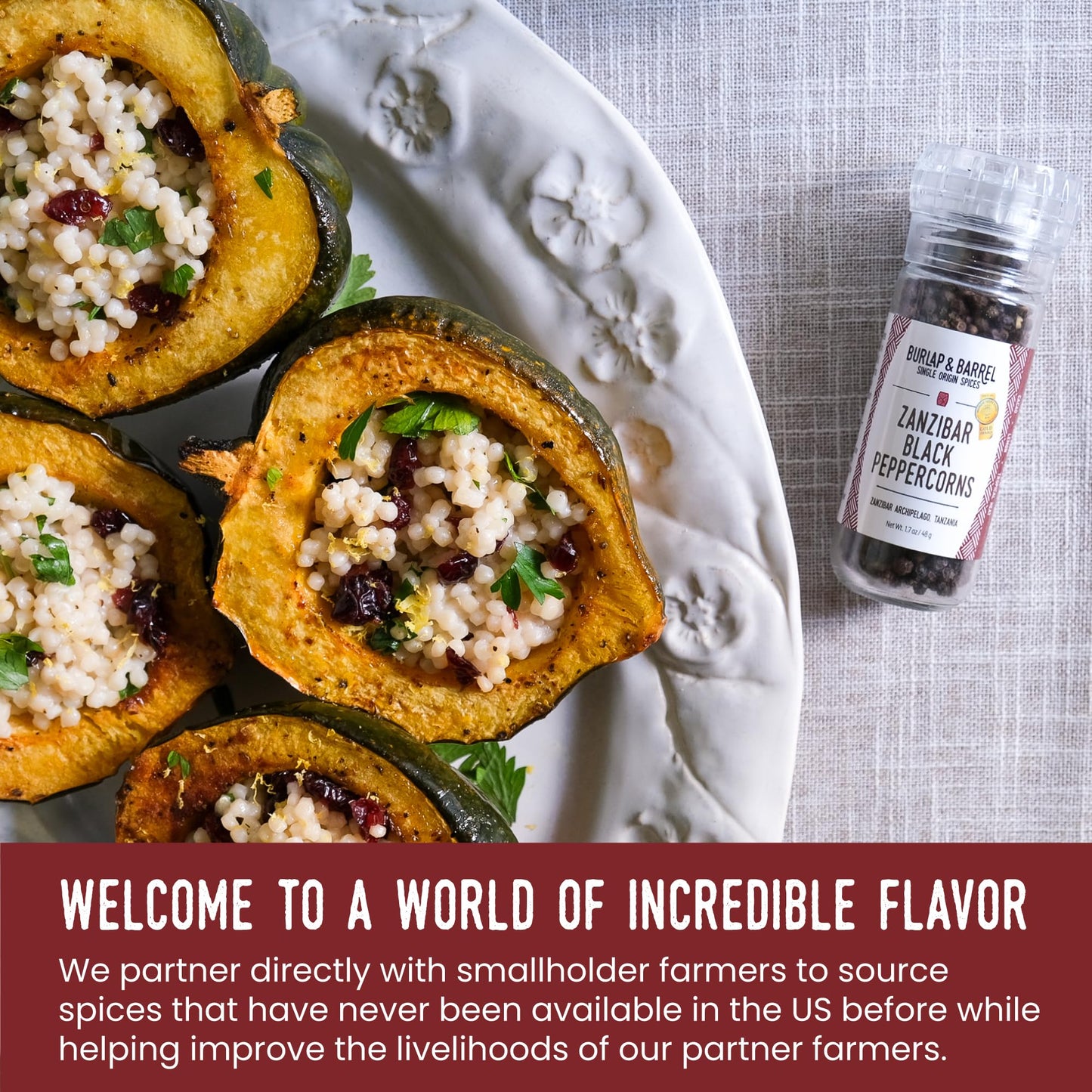 Burlap & Barrel Zanzibar Black Peppercorns - Whole, Bright, Lemony Flavor - 2 Oz Grinder-Top Glass Jar