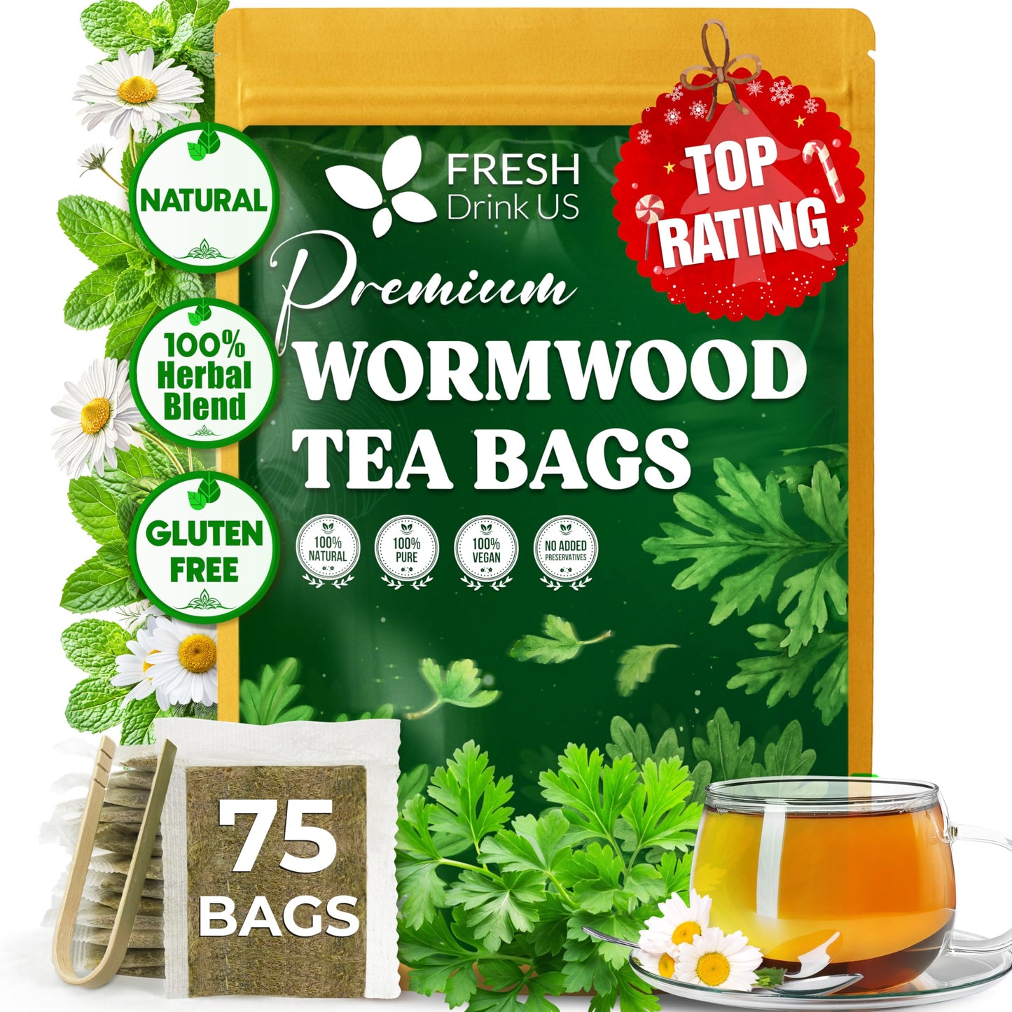 Freshdrinkus Top-Grade Wormwood Tea - 75 Tea Bags - Handcrafted Herbal Blend Energy Blend-Free - Smooth Taste & Naturally Refreshing.