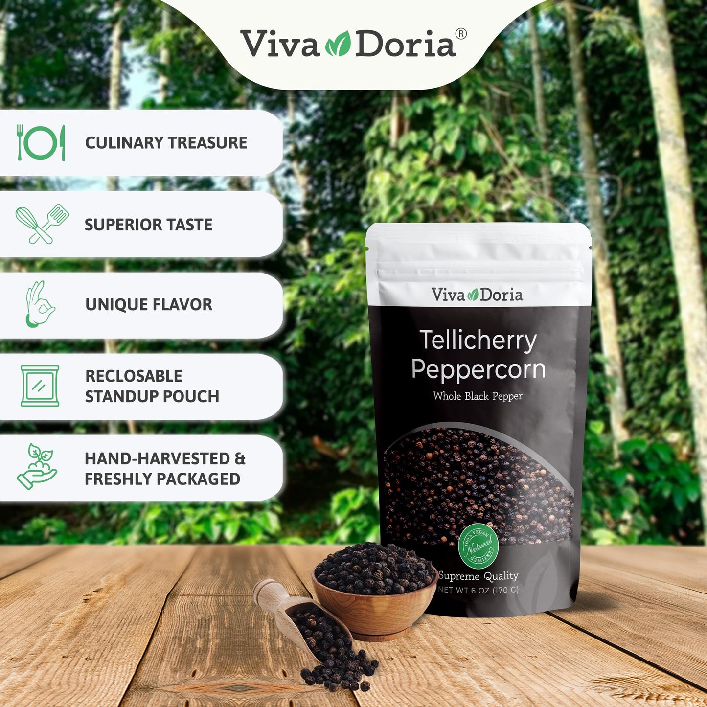 Viva Doria Tellicherry Peppercorn, Whole Black Pepper, Steam Sterilized Black Peppercorns, 6 Oz, For Grinder Refill