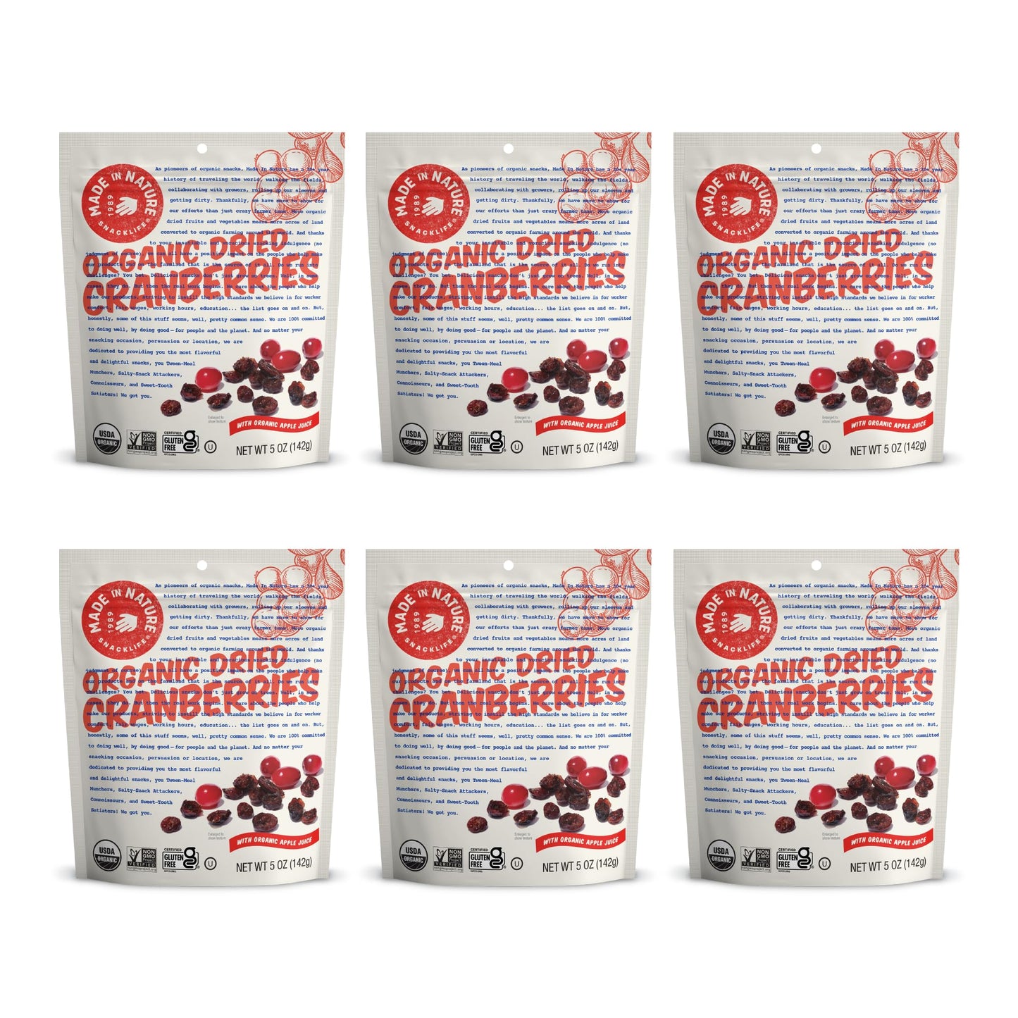 Made in Nature Organic Dried Fruit, Cranberries, 5oz Bags (6 Count) - Vegan, Non-GMO, Unsulfured
