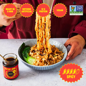 FLYBYJING Chili Crisp Noodles - Sun-Dried Wavy Asian Instant Noodles Tossed in Sichuan Chili Crisp Sauce - Ready in 6 Minutes - Vegan High Protein No MSG 4.02 oz (Pack of 6)